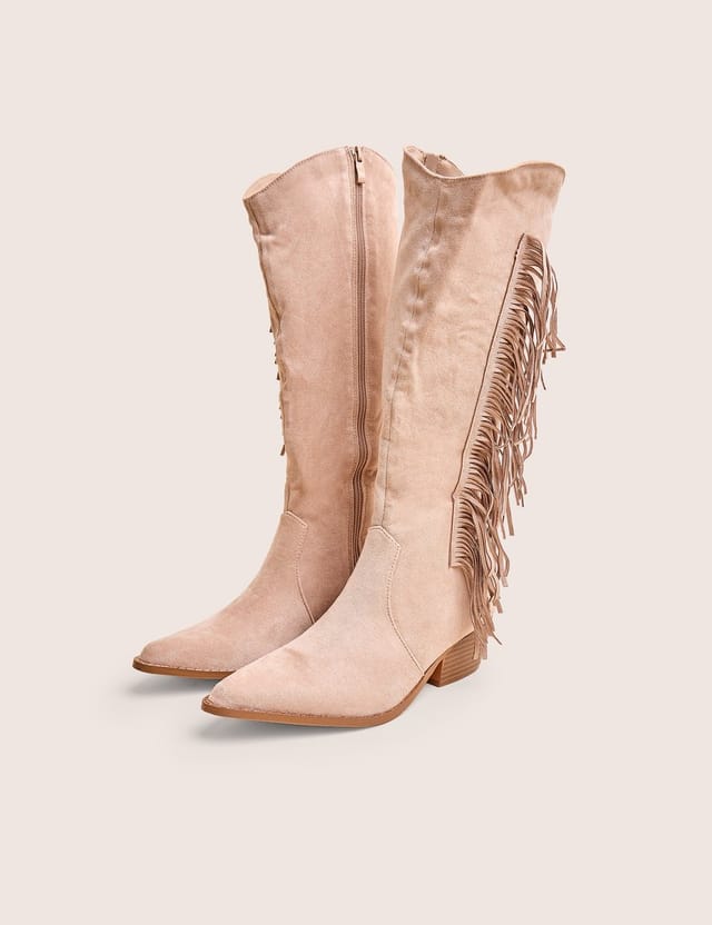 Public Desire Tucker Beige Faux Suede Knee High Tassle Detail Western Boots - 2