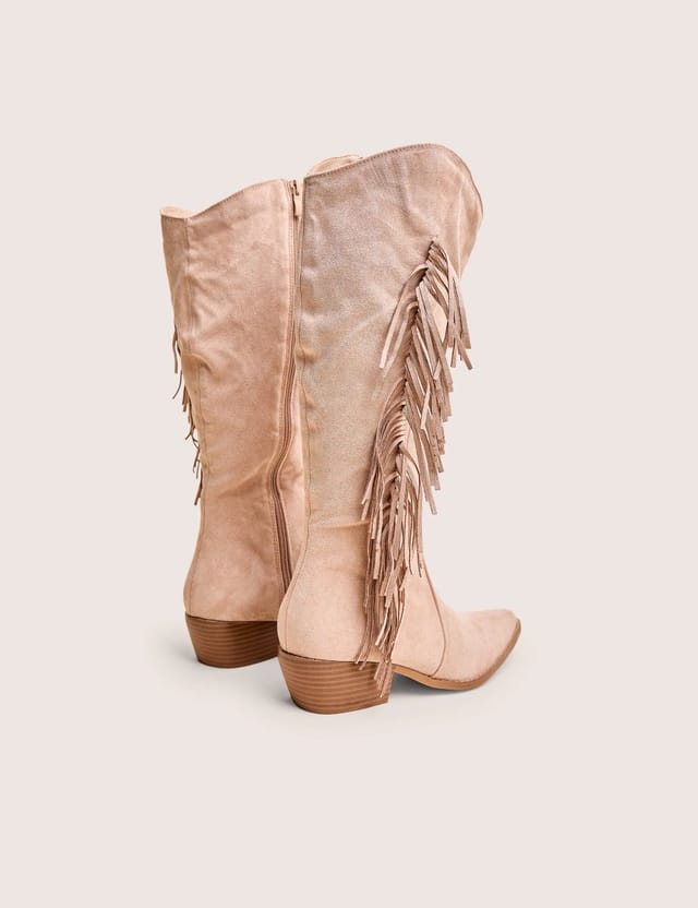 Public Desire Tucker Beige Faux Suede Knee High Tassle Detail Western Boots - 3