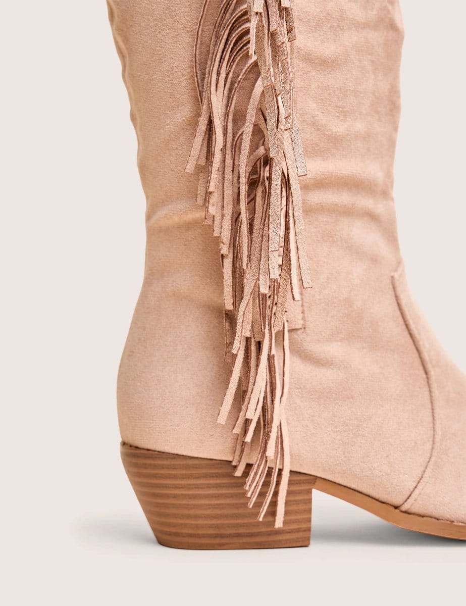 Public Desire Tucker Beige Faux Suede Knee High Tassle Detail Western Boots - 4