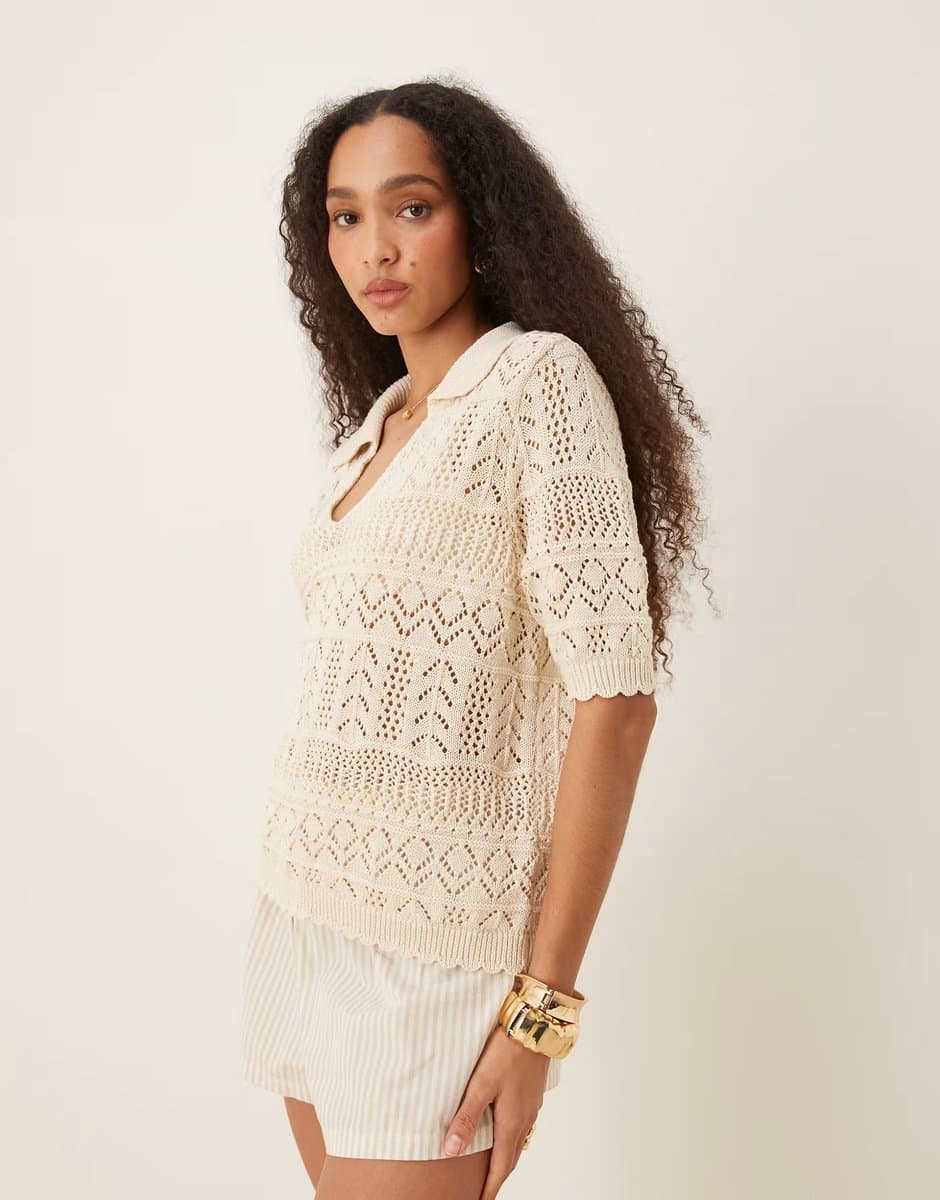 ASOS Vila Birch Cream Crochet Short Sleeve Polo Top