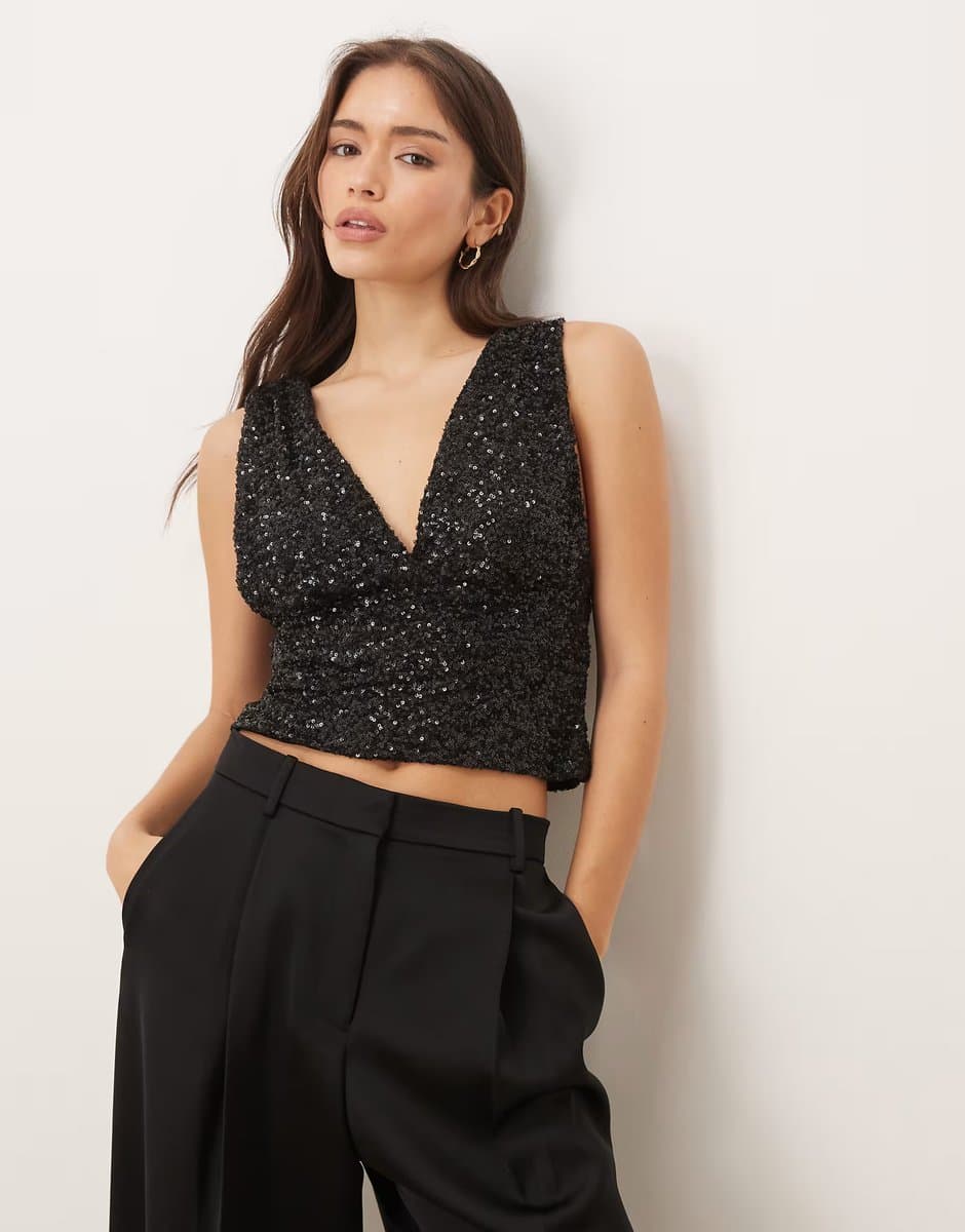 ASOS Gina Tricot front sequin top in black