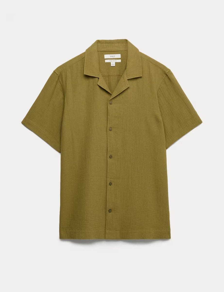 Marks & Spencer M&S Pure Cotton Textured Shirt Olive - 1