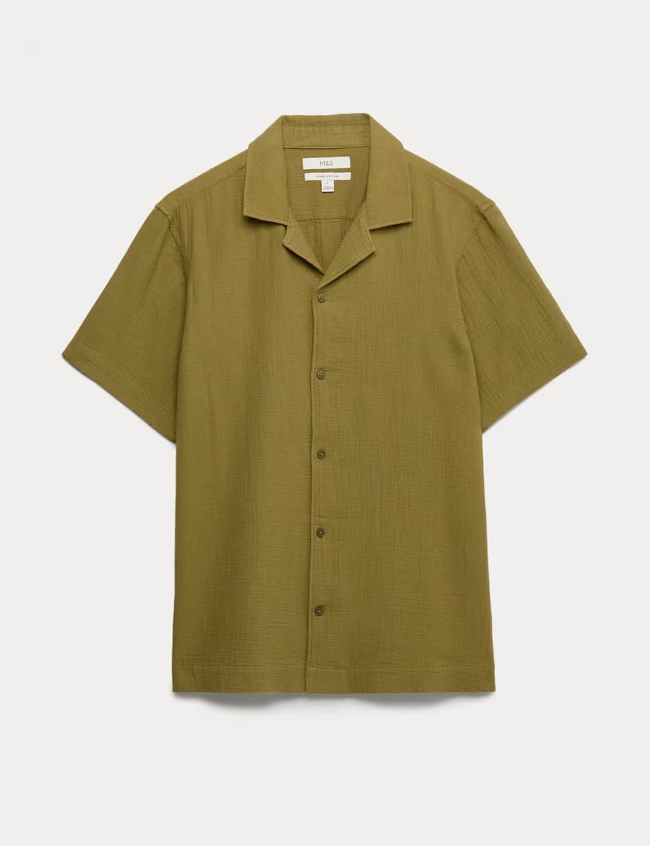 Marks & Spencer M&S Pure Cotton Textured Shirt Olive
