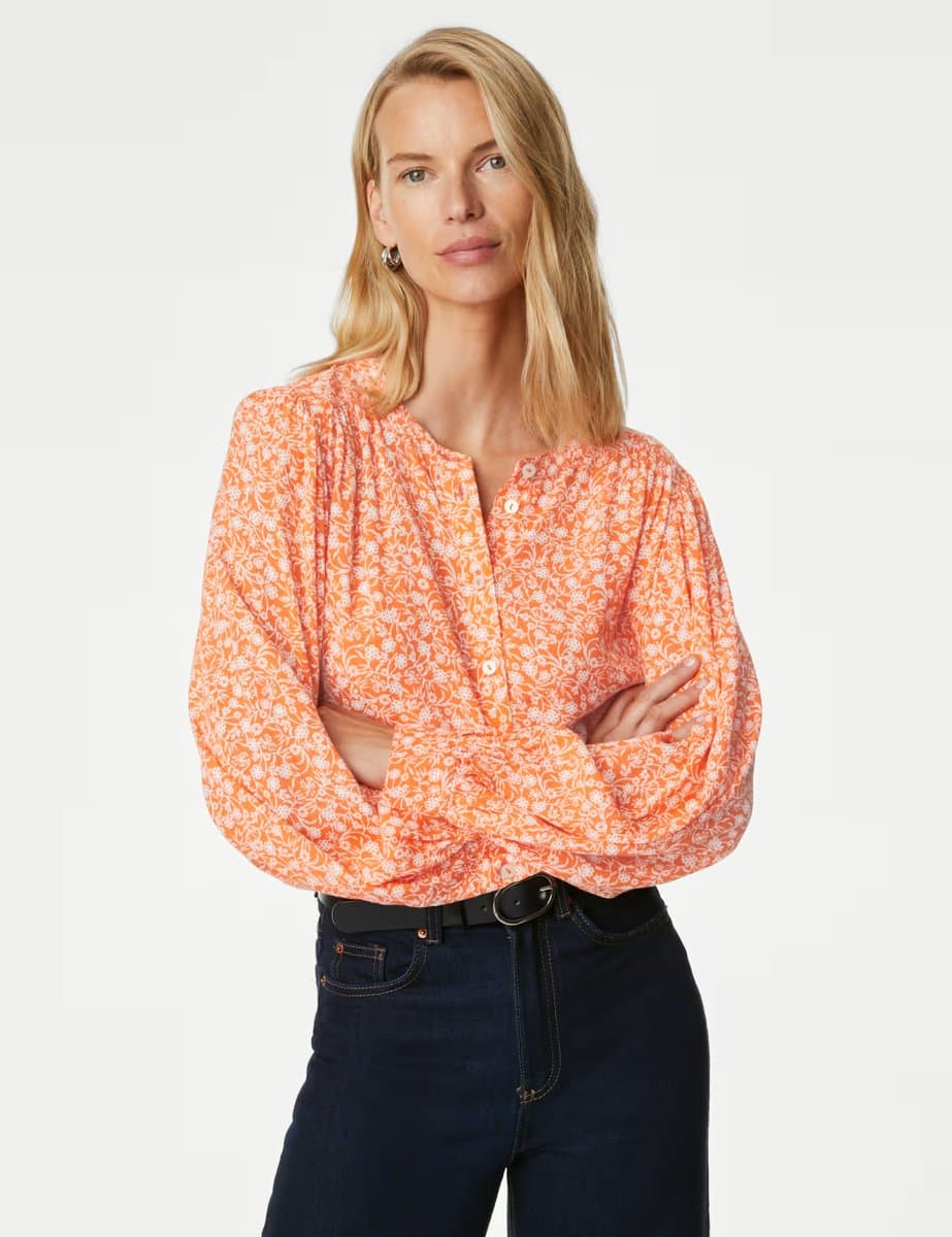 Marks & Spencer M&S Printed Longline Button Through Blouse Orange Mix