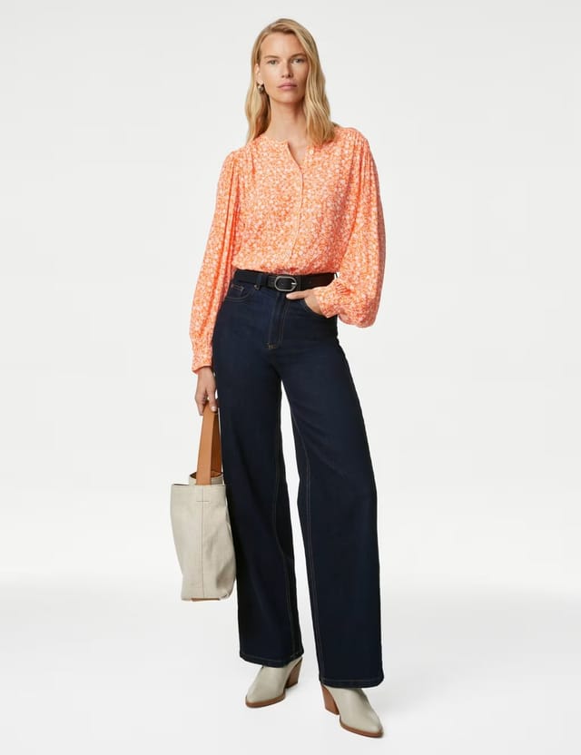 Marks & Spencer M&S Printed Longline Button Through Blouse Orange Mix - 2