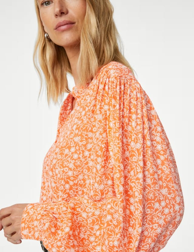 Marks & Spencer M&S Printed Longline Button Through Blouse Orange Mix - 3