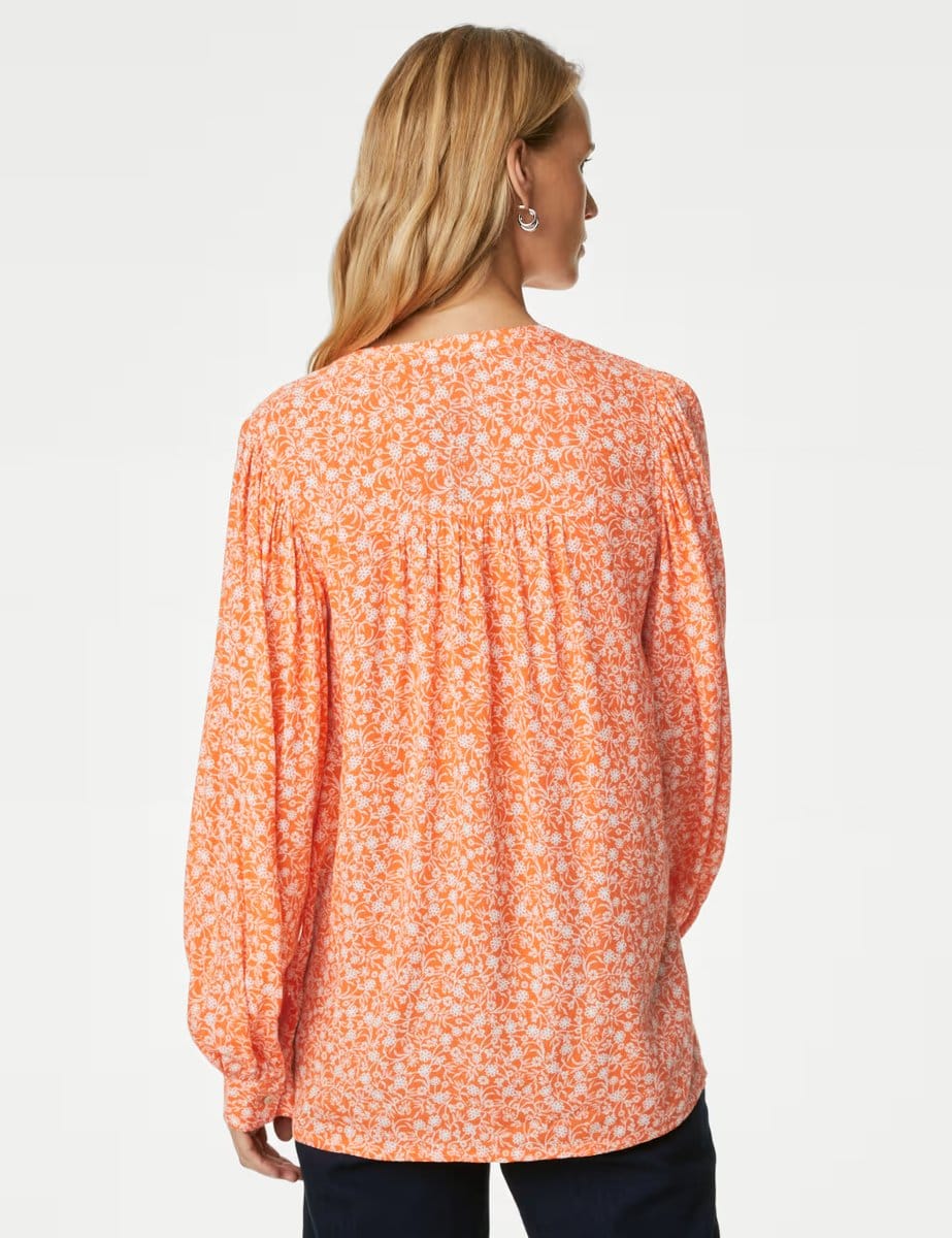 Marks & Spencer M&S Printed Longline Button Through Blouse Orange Mix - 4