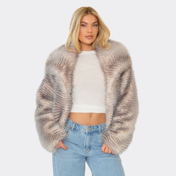 EGO Oversized Collar Textured Detail Jacket In Grey Faux Fur, Women's Size UK 6