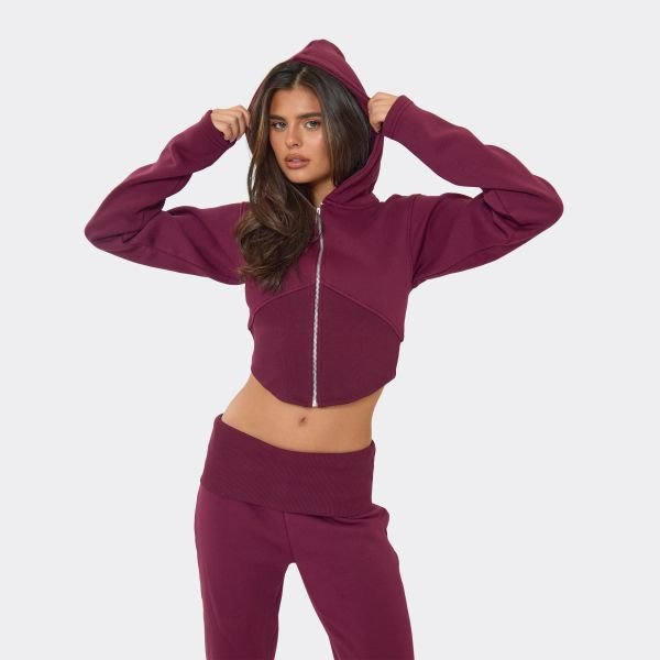 EGO Cinched Waist Cropped Zip Up Hoodie In Washed Plum, Women's Size UK 6 - 1