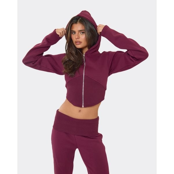EGO Cinched Waist Cropped Zip Up Hoodie In Washed Plum, Women's Size UK 6 - 2