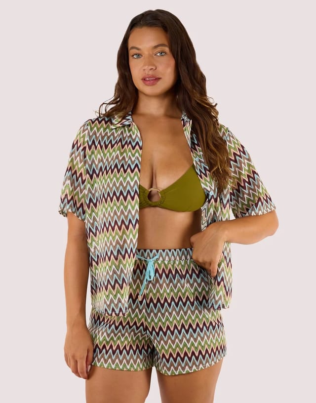 ASOS Wolf & Whistle Kalahari zig zag crochet beach shirt in khaki - 3