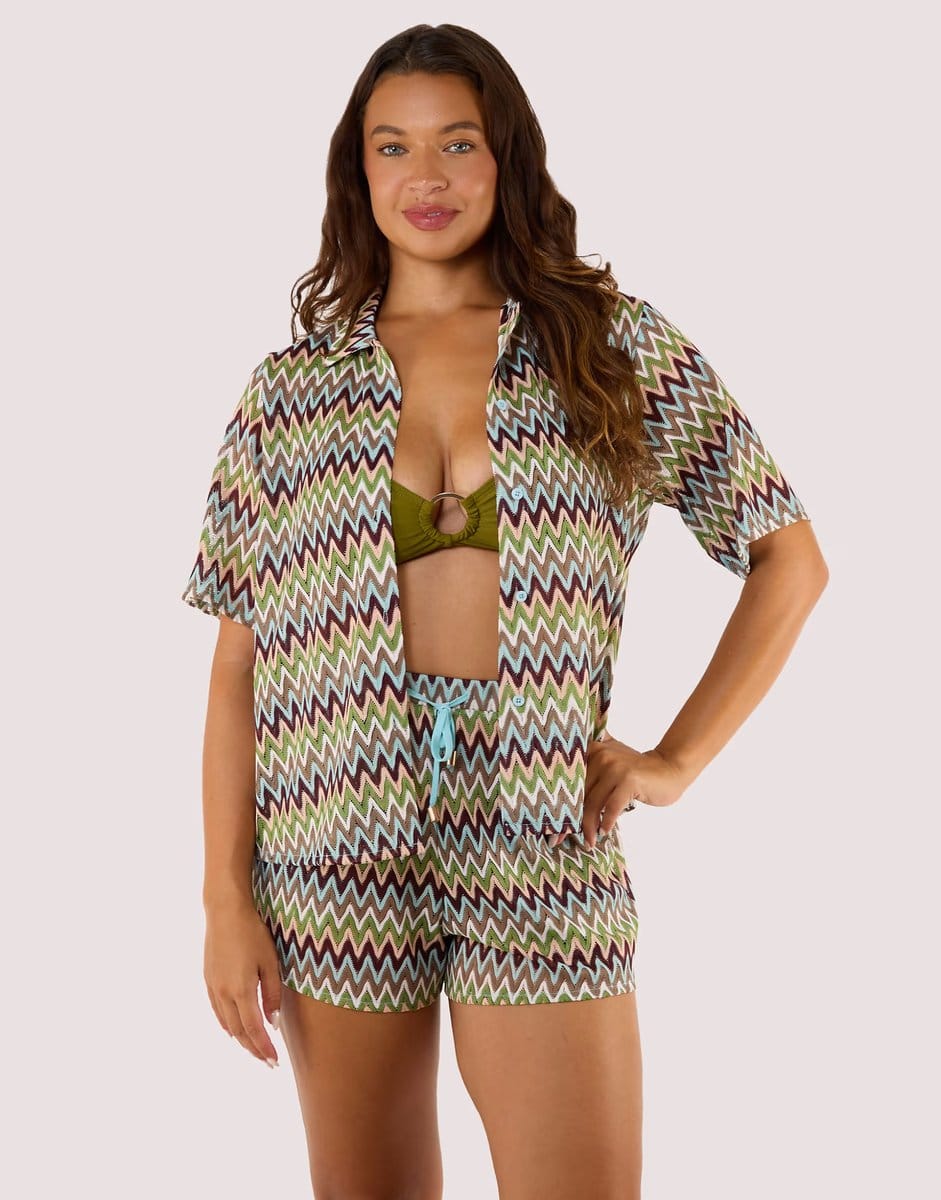 ASOS Wolf & Whistle Kalahari zig zag crochet beach shirt in khaki - 4