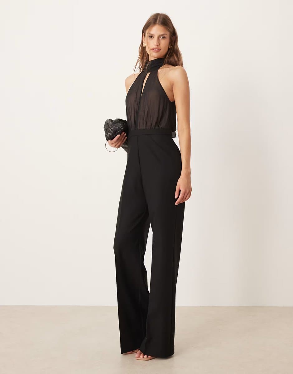 ASOS Mango high neck sheer detail jumpsuit in black