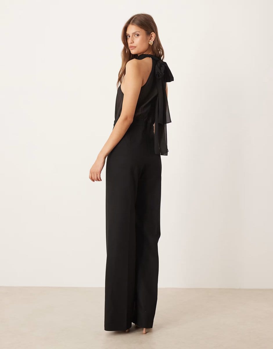 ASOS Mango high neck sheer detail jumpsuit in black - 4