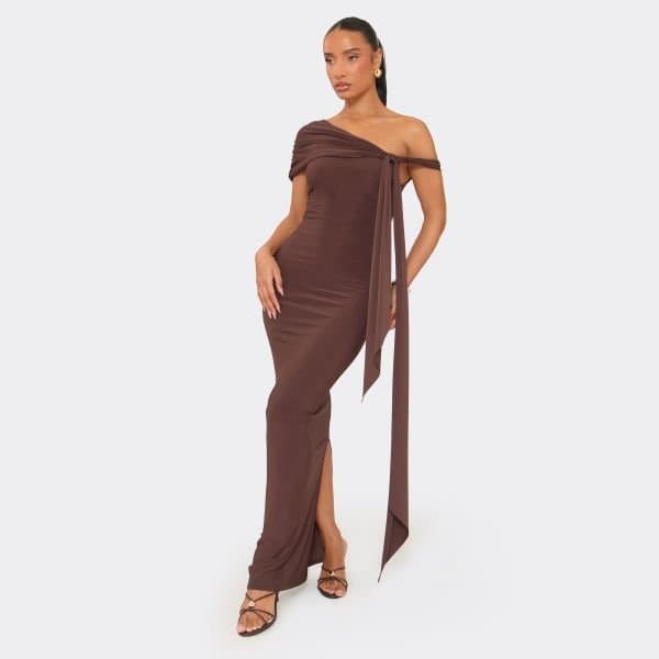 EGO Bardot Drape Detail Maxi Dress In Chocolate Brown, Women's Size UK 6
