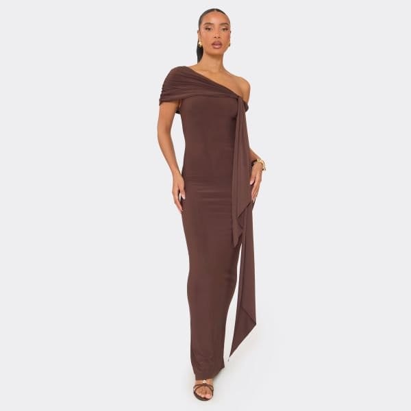 EGO Bardot Drape Detail Maxi Dress In Chocolate Brown, Women's Size UK 6 - 2