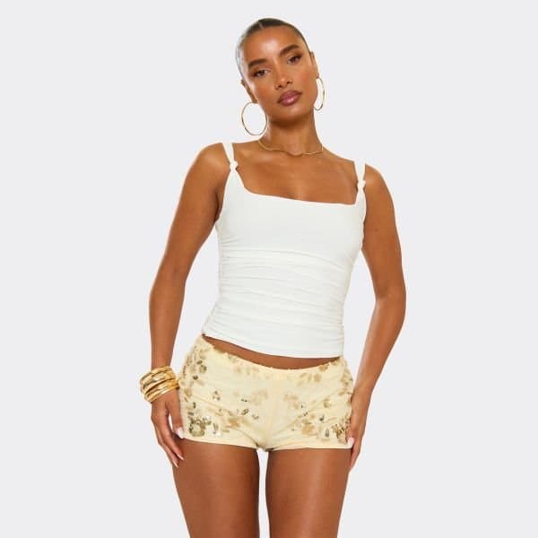 EGO Square Neck Knot Ruched Side Detail Top In White Slinky, Women's Size UK 4