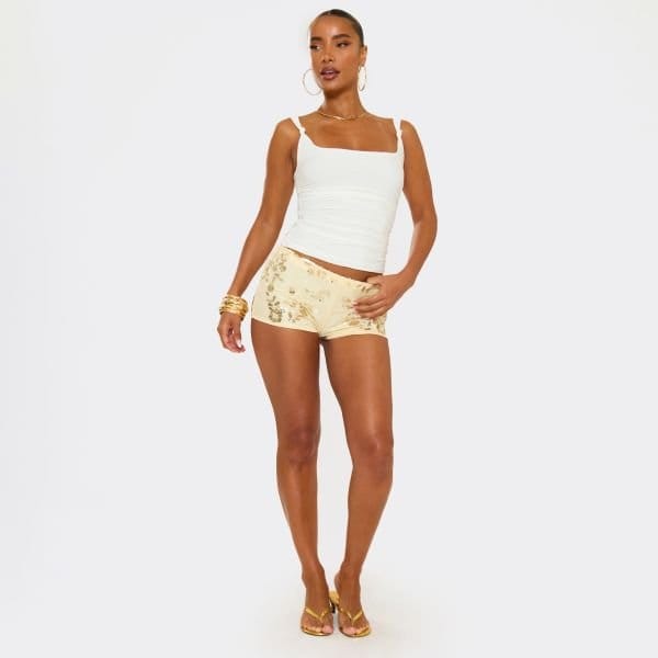 EGO Square Neck Knot Ruched Side Detail Top In White Slinky, Women's Size UK 4 - 2