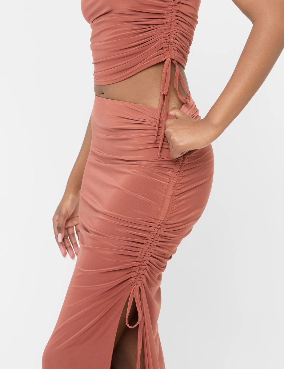 Public Desire Split Leg Ruched Detail Slinky Maxi Skirt Rust - 2