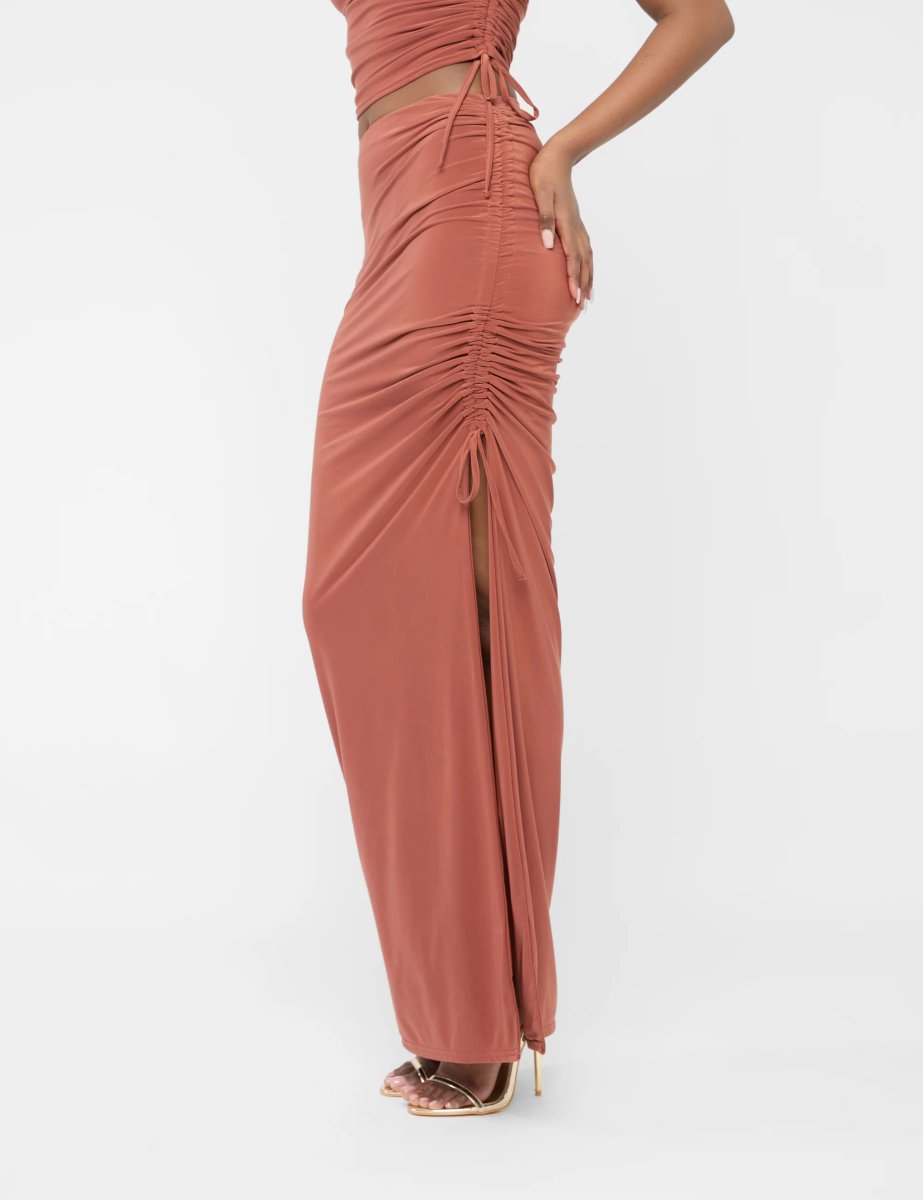 Public Desire Split Leg Ruched Detail Slinky Maxi Skirt Rust - 3