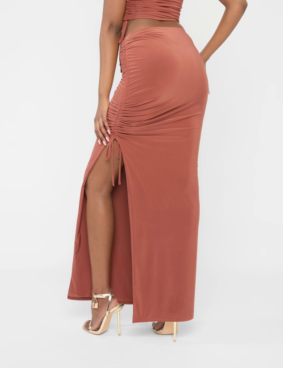 Public Desire Split Leg Ruched Detail Slinky Maxi Skirt Rust - 4