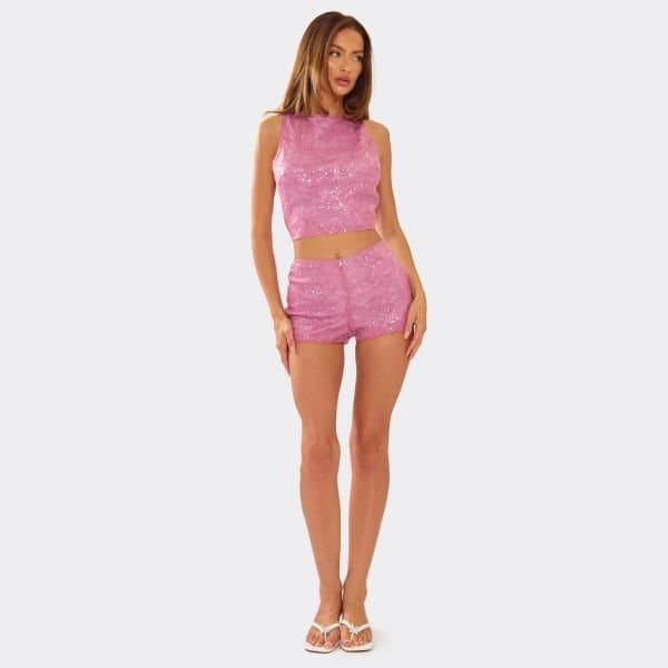 EGO Low Rise Hot Pants In Pink Textured Sequin, Women's Size UK 6