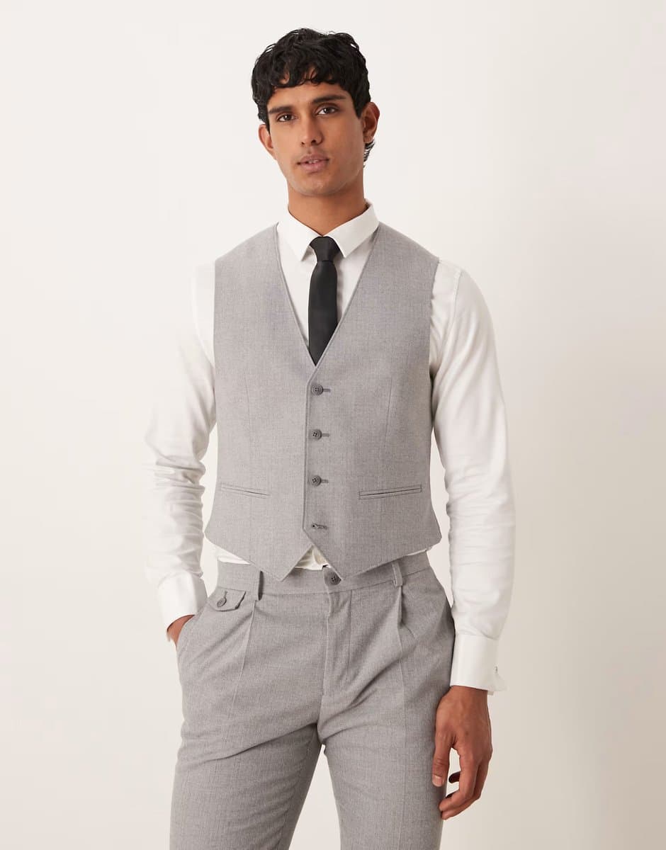 ASOS ASOS DESIGN skinny suit waistcoat in grey herringbone flannel