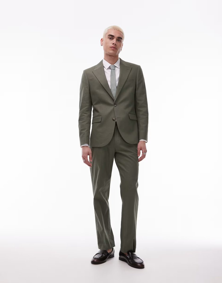 ASOS Topman single breasted linen blend blazer in khaki - 2