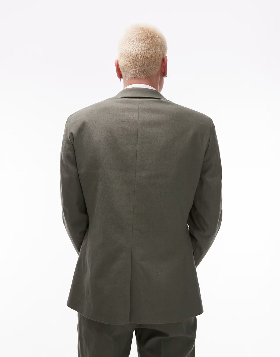 ASOS Topman single breasted linen blend blazer in khaki - 4