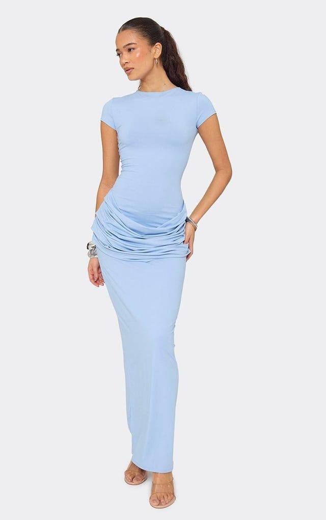 EGO Cap Sleeve Drape Ruched Front Detail Maxi Dress In Blue, Women's Size UK 6 - 2