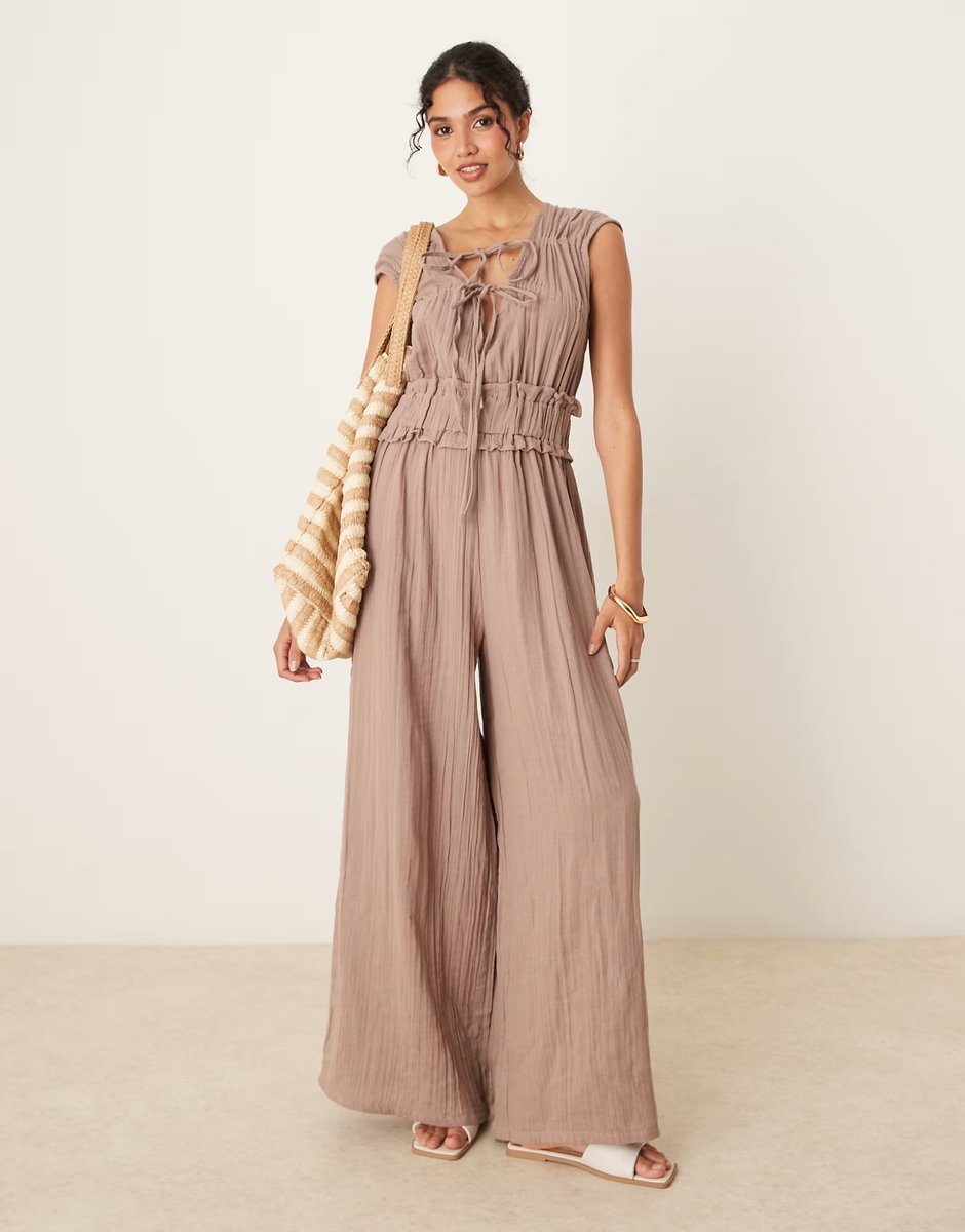 ASOS ASOS DESIGN double cloth gathered bust jumpsuit in taupe - 1