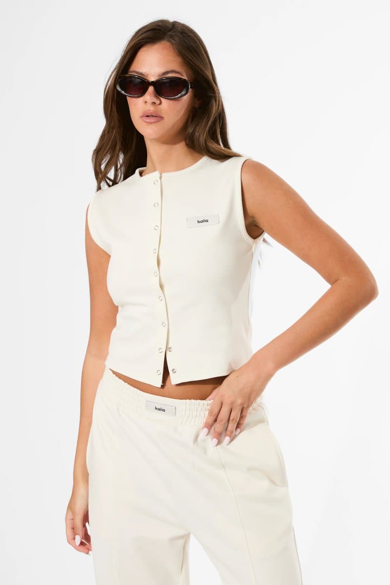 Kaiia Kaiia Label Logo Premium Interlock Waistcoat Top Cream