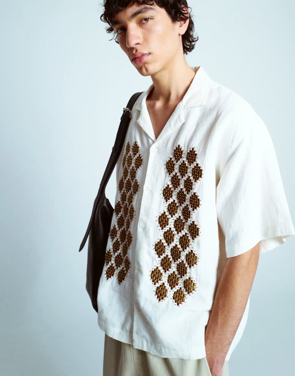 ASOS Topman premium beaded crochet shirt in ecru