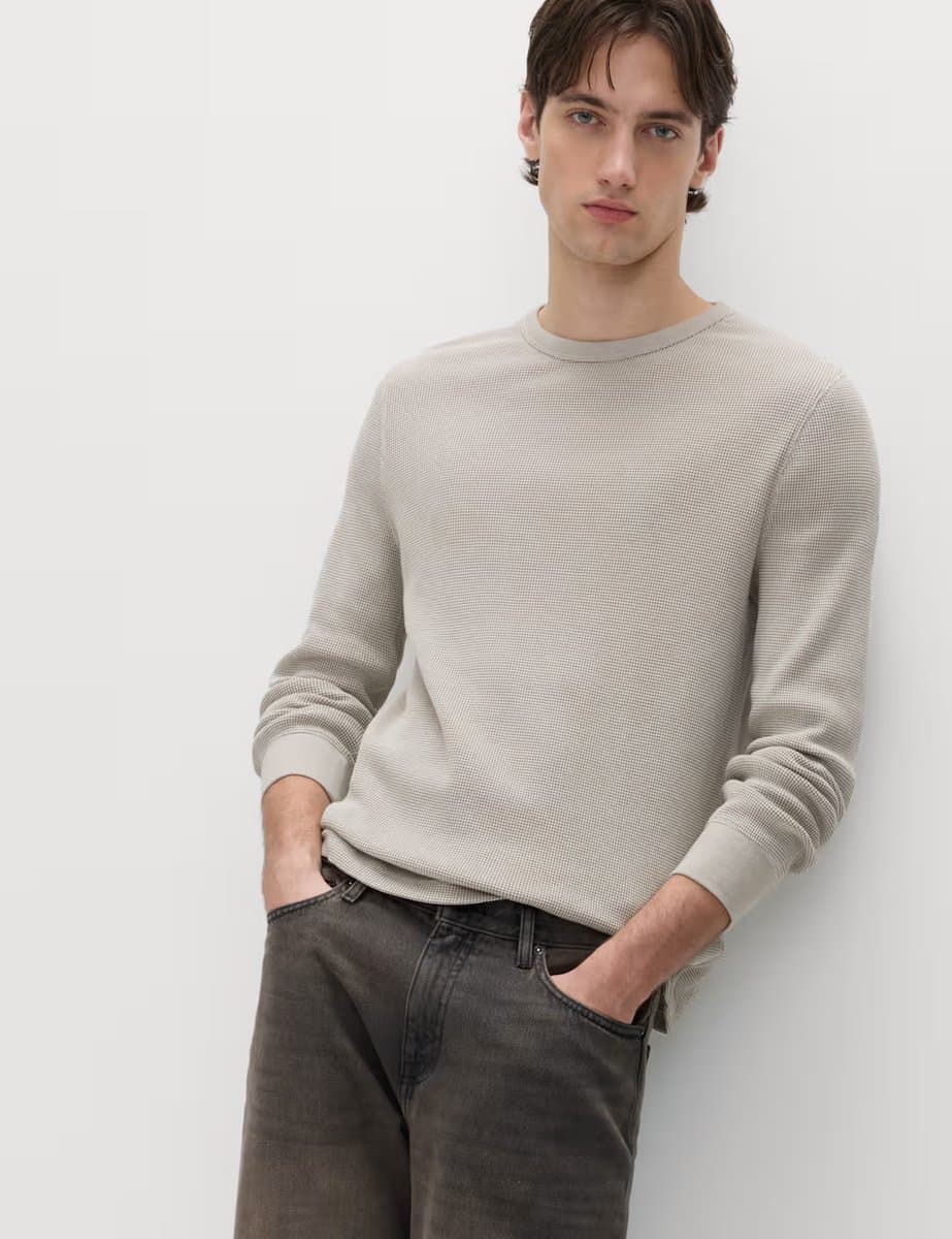 Marks & Spencer M&S Pure Cotton 2-Tone Waffle Sweatshirt Natural Beige
