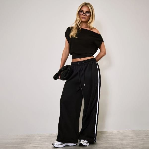 EGO Tie Waist Contrast Stripe Track Pants In Black, Women's Size UK 10 - 1