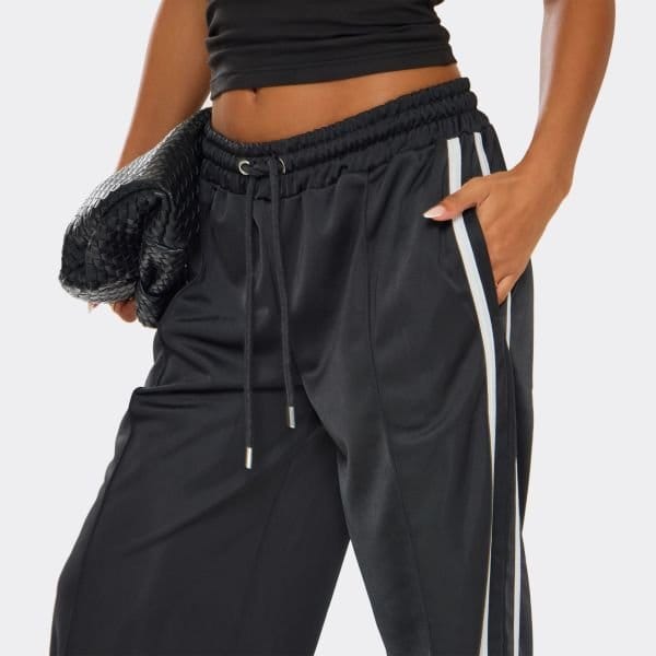 EGO Tie Waist Contrast Stripe Track Pants In Black, Women's Size UK 10 - 2