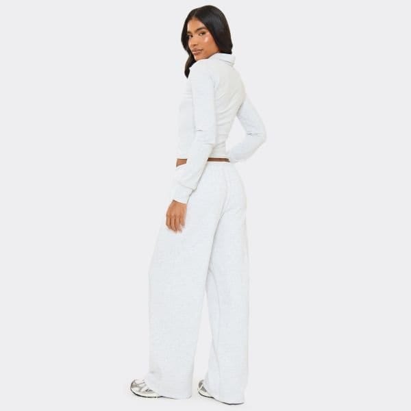 EGO Low Rise Wide Leg Joggers In Light Grey Marl, Women's Size UK 4 - 2