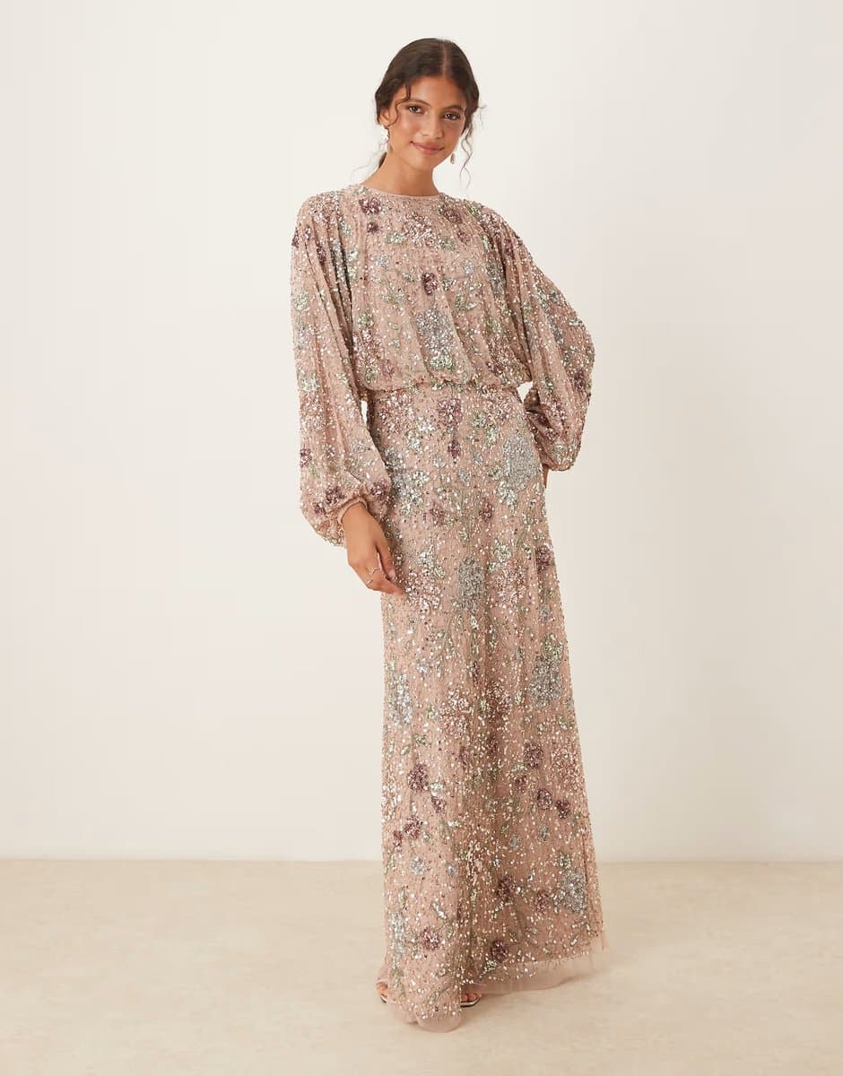 ASOS Maya Embellished round neck long sleeve maxi dress in multi