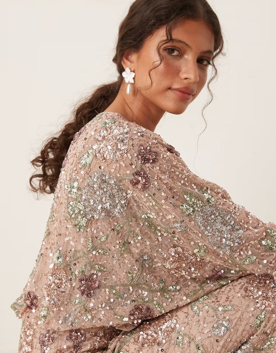 ASOS Maya Embellished round neck long sleeve maxi dress in multi - 4