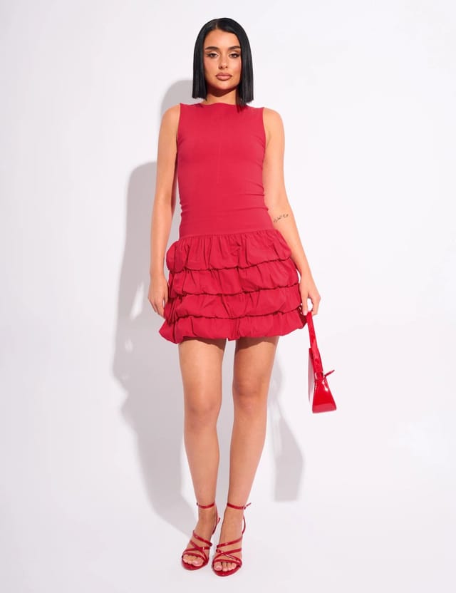 Public Desire Tiered Ruffle Hem Racer Mini Dress Red - 3