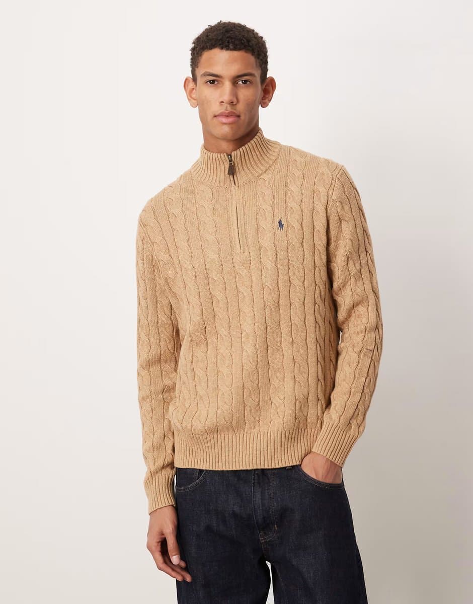 ASOS Polo Ralph Lauren Driver icon logo cotton cable half zip knit jumper in camel marl