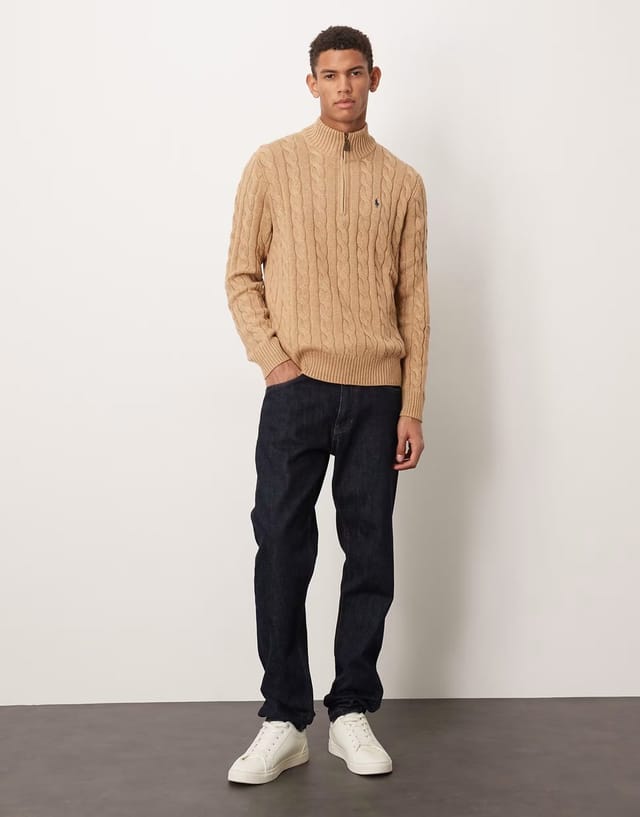 ASOS Polo Ralph Lauren Driver icon logo cotton cable half zip knit jumper in camel marl - 2
