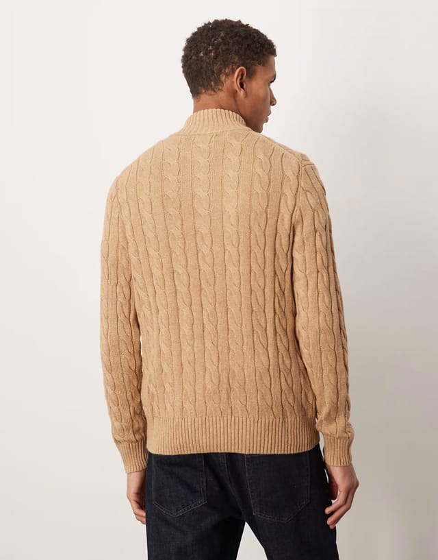 ASOS Polo Ralph Lauren Driver icon logo cotton cable half zip knit jumper in camel marl - 3