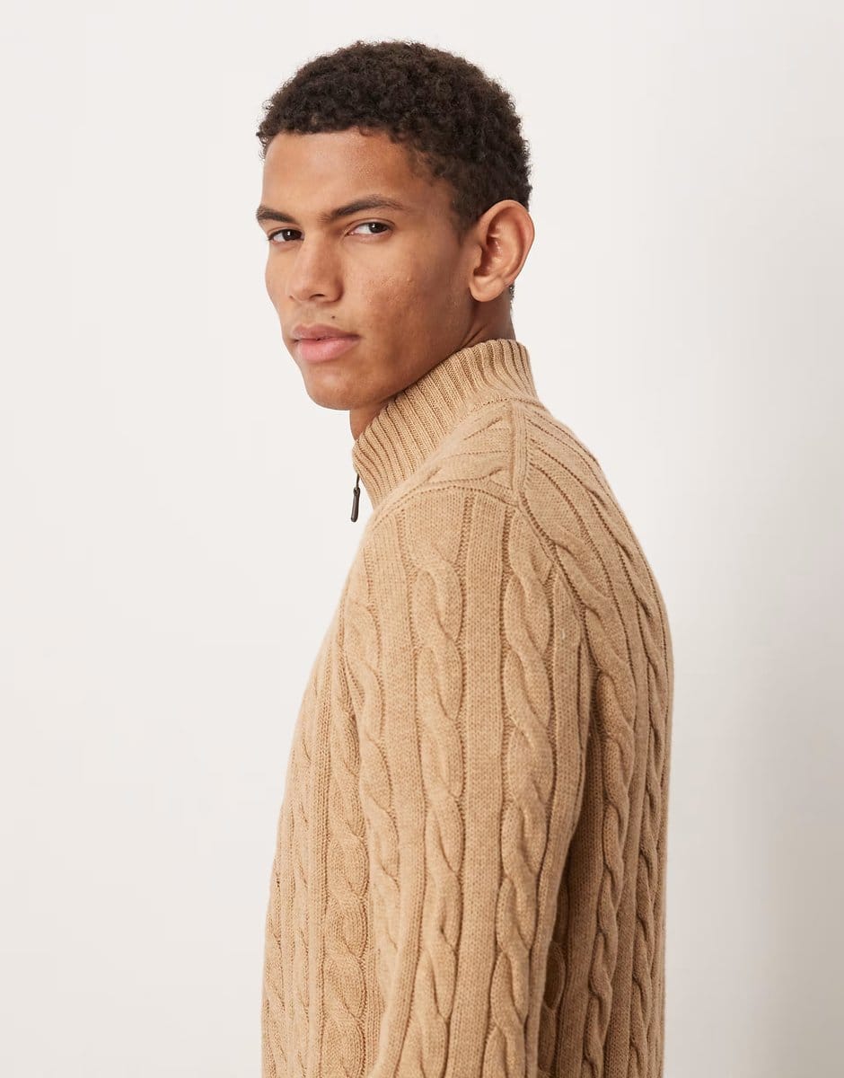 ASOS Polo Ralph Lauren Driver icon logo cotton cable half zip knit jumper in camel marl - 4