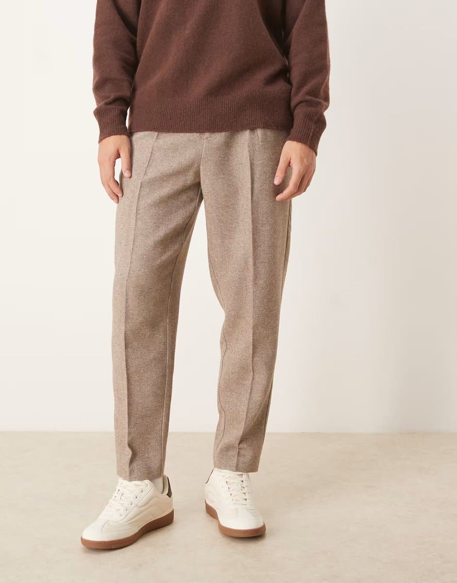 ASOS ASOS DESIGN smart relaxed tapered trousers with wool in beige herringbone