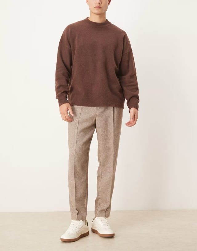 ASOS ASOS DESIGN smart relaxed tapered trousers with wool in beige herringbone - 2