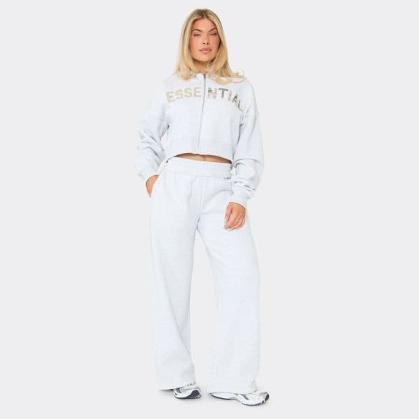 EGO Mid Rise Essential Camo Printed Graphic Wide Leg Joggers In Light Grey Marl, Women's Size UK 6 - 2