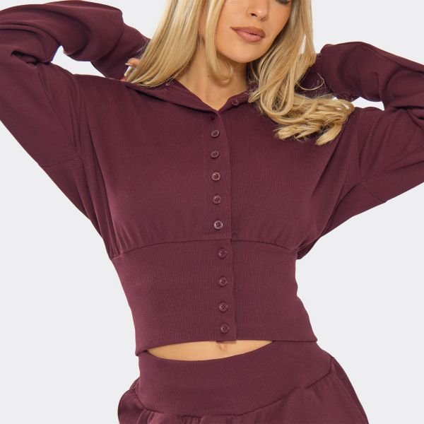 EGO Cinched Waist Button Up Hoodie In Plum Ribbed, Women's Size UK 8 - 2