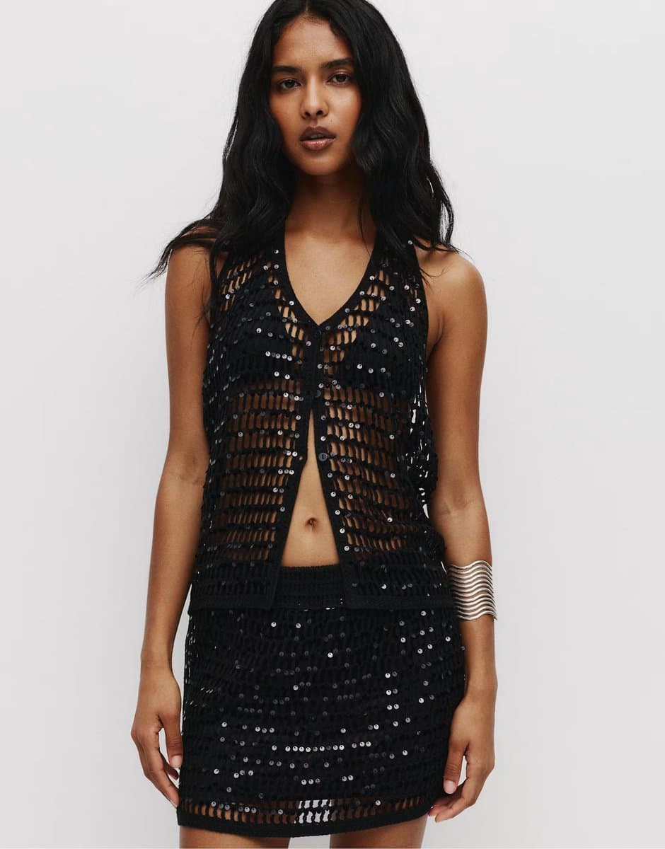 ASOS Pull&Bear Sequined crochet halter top in black