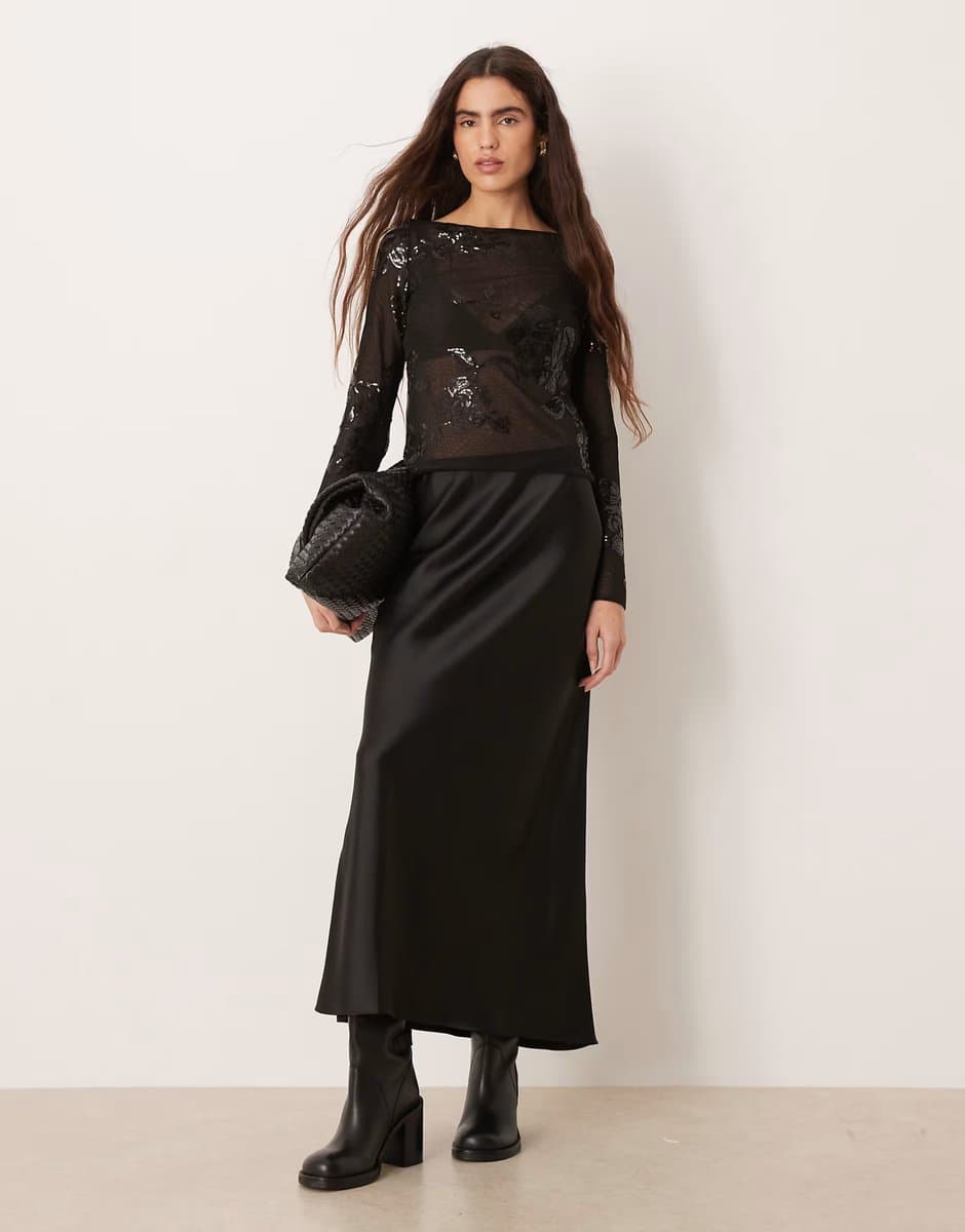 ASOS Mango satin maxi skirt in black
